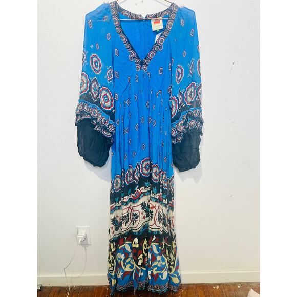 FARM RIO Blue Black Bell Sleeve Ainika Tiles Flowy V-Neck Maxi Gown Size XS - Picture 4 of 14